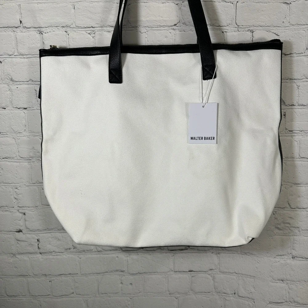 Walter Baker Carly Bag Natural Canvas Black Trim Tassel Zip Tote BP231WTBWKNDR